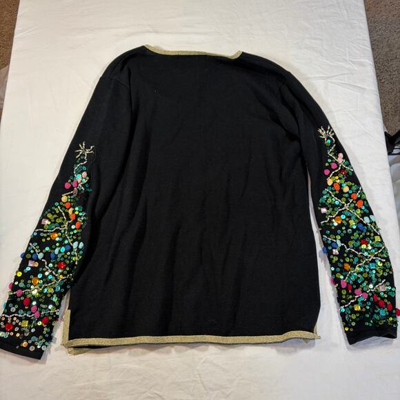 Quacker Factory Womens V neck black sweater. M. Sequin christmas tree sleeves - Picture 4 of 7